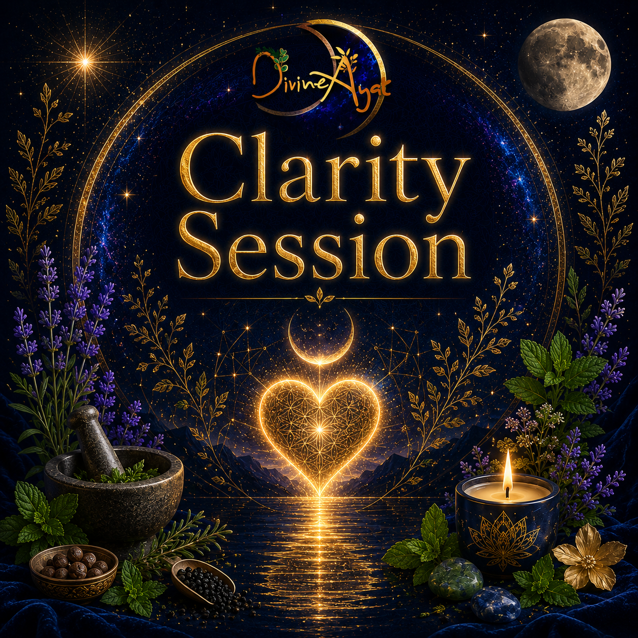 Clarity Session artwork with golden heart and celestial botanicals