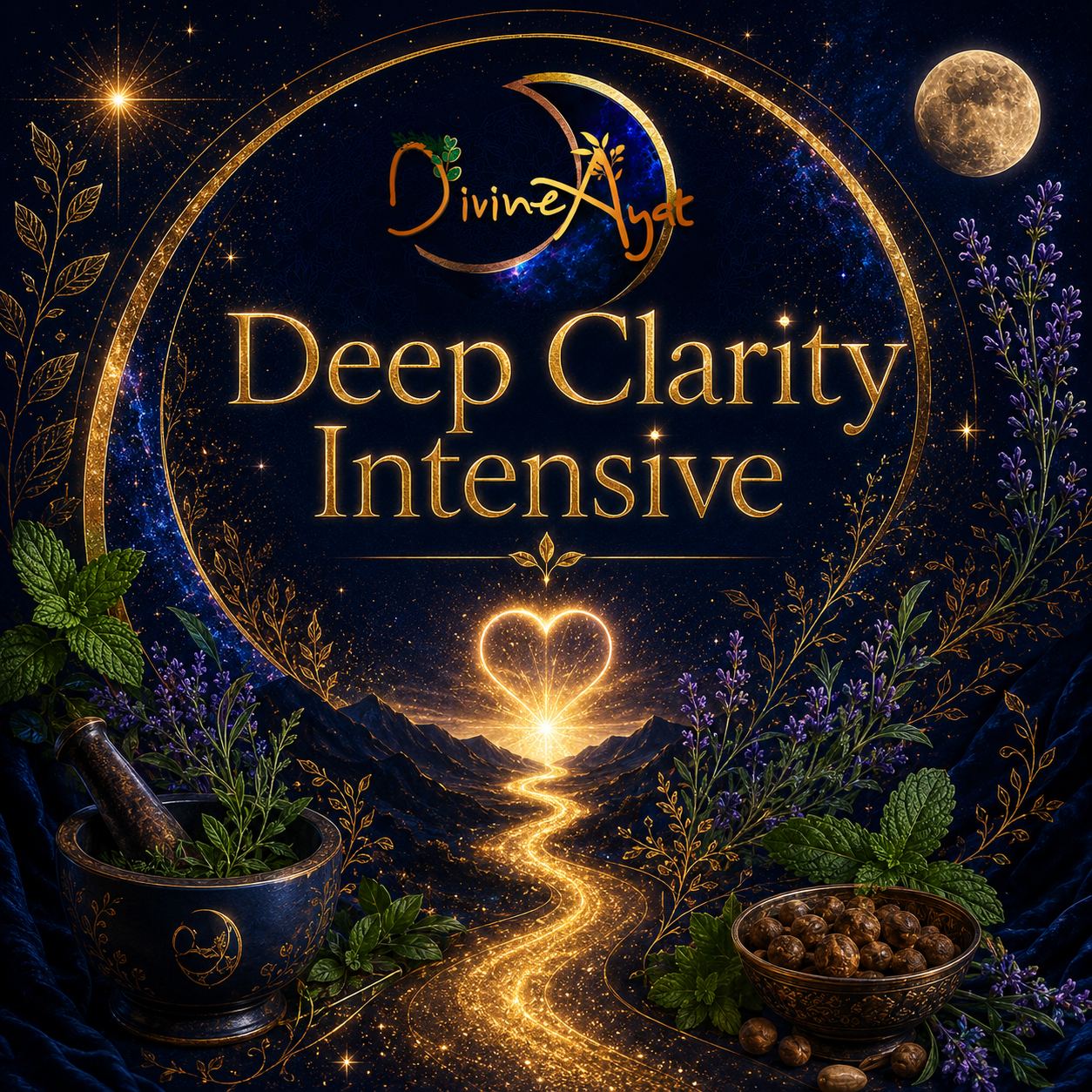 Deep Clarity Intensive artwork with golden path through moonlit mountains